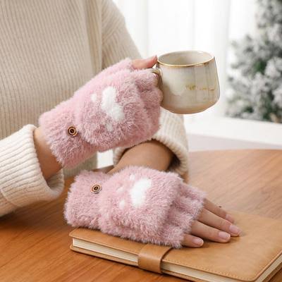 Winter Half Finger Pair Gloves For Women Plush Warm Fingerless Pair Gloves In Multicolor (Random Color)
