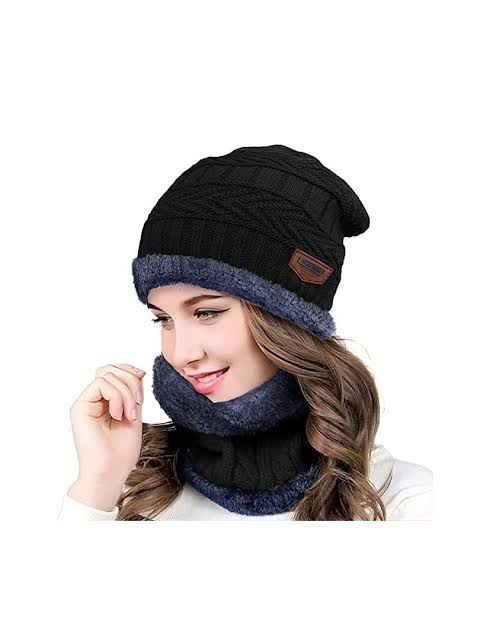 Wool Cap With Neck Warmer | Beanie And Scarf Set With Fleece Mask | Winter Thermal Wool Cap For Men And Women - black.