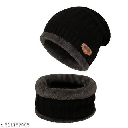 Wool Cap With Neck Warmer | Beanie And Scarf Set With Fleece Mask | Winter Thermal Wool Cap For Men And Women - black.