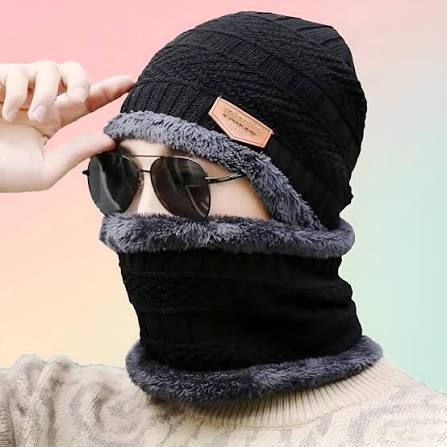 Wool Cap With Neck Warmer | Beanie And Scarf Set With Fleece Mask | Winter Thermal Wool Cap For Men And Women - black.