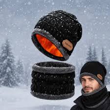 Wool Cap With Neck Warmer | Beanie And Scarf Set With Fleece Mask | Winter Thermal Wool Cap For Men And Women - black.