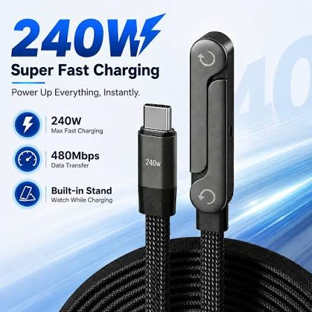 240W 2-in-1 Data Cable With Stand | 1.5 Meter C to C USB Data Cable | Fast Charging Nylon Braided Mobile Cable
